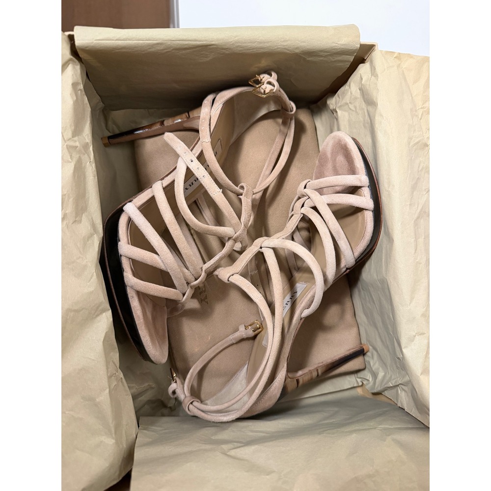 Burberry Tan Suede Strappy Stiletto Heels Caged Sandals Tortoise Heel 37 Box - Picture 6 of 7